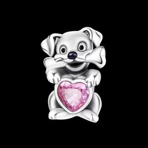PANDORA 925 Silver Puppy Dog Charm | Pink Heart CZ Bone Bead Gift